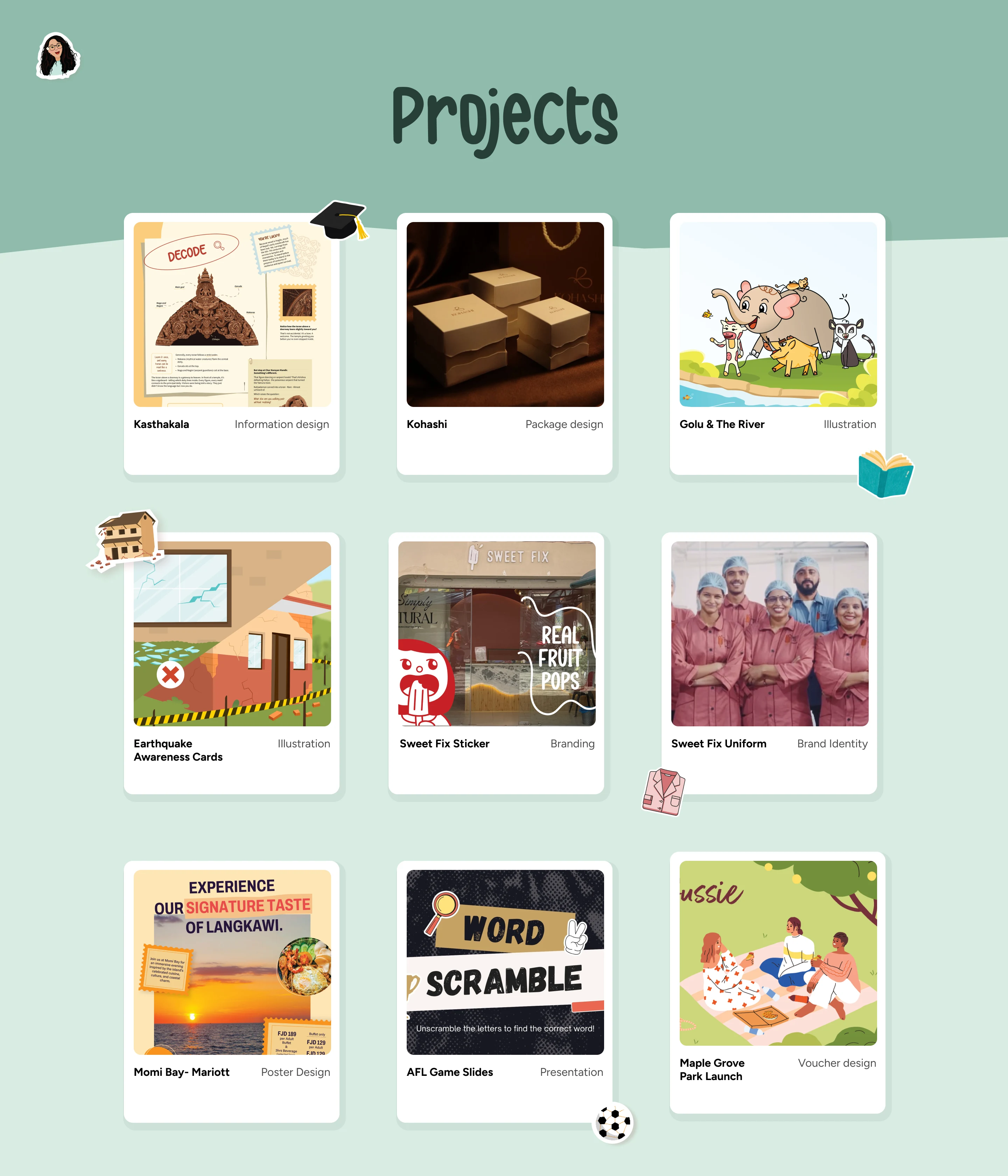 Projects: Kasthakala, Kohashi, Golu & The River, Earthquake Awareness Cards, Sweet Fix Sticker, Sweet Fix Uniform, Momi Bay- Mariott, AFL Game Slides, Maple Grove Park Launch